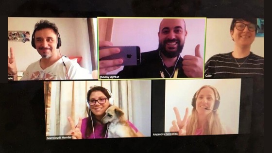 group of students with teacher on a video chat class
