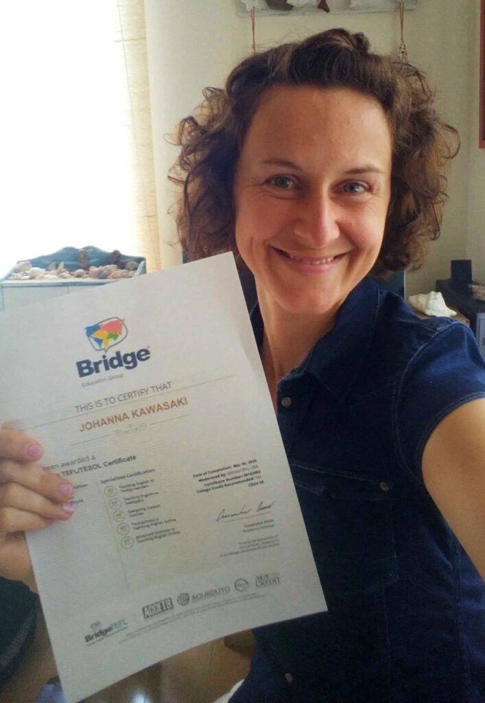 Johanna, an online and classroom-based English teacher in Japan, with her TEFL/TESOL certificate