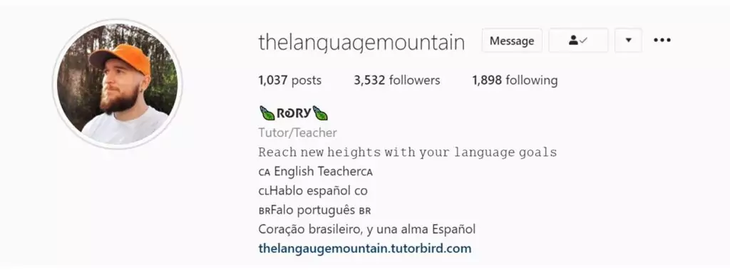 The Instagram page of Rory's online English school