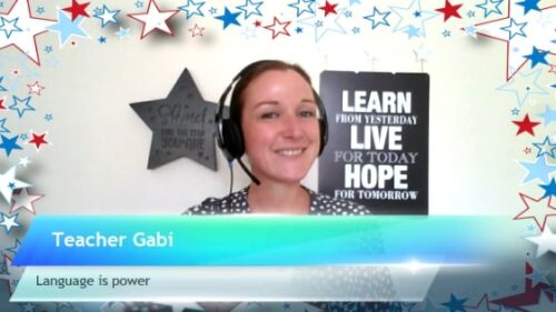 Teacher Gabi smiles on camera surrounded by special effect stars created by ManyCam