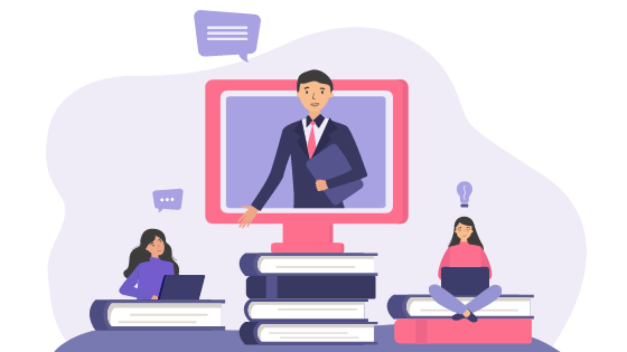 A graphic of an English teacher coming out of a computer screen and two students sitting on books while taking online English classes