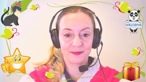 An online English teacher uses Manycam graphics and wears a headset