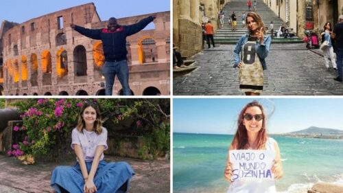 four digital nomad teachers posing in different locations around the world.