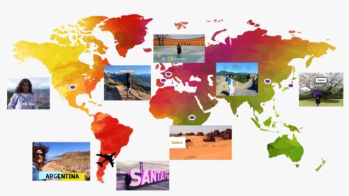 a world map with personal travel photos overlaid.