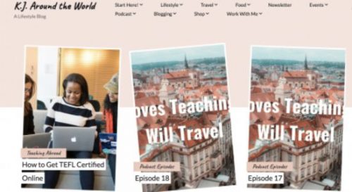 a scrapbook page from Kellyn's blog, showing image frames for Teaching Abroad, Podcast Episode 18, and Podcast Episode 17.