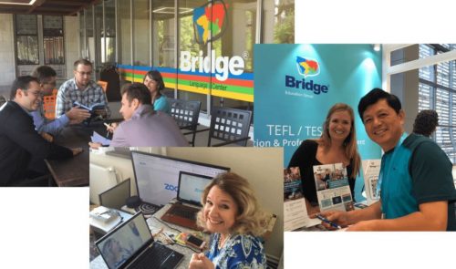 BridgeEnglish staff preparing for a webinar and attending a TEFL/TESOL industry event.