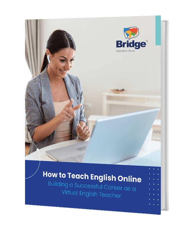 cover of How to Teach English Online eBook with teacher teaching a class on her laptop