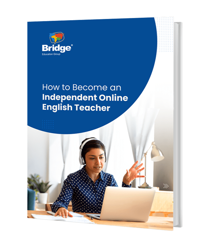 An image of the eBook cover How to Become an Independent English Teacher with the eBook title and an English teacher teaching an online English class