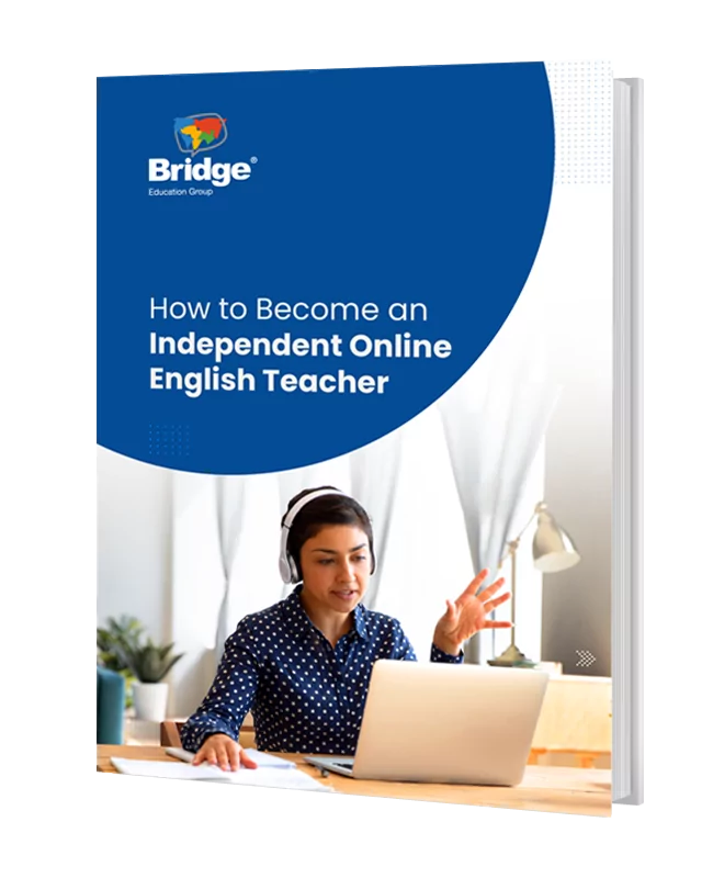 An image of the eBook cover How to Become an Independent English Teacher with the eBook title and an English teacher teaching an online English class