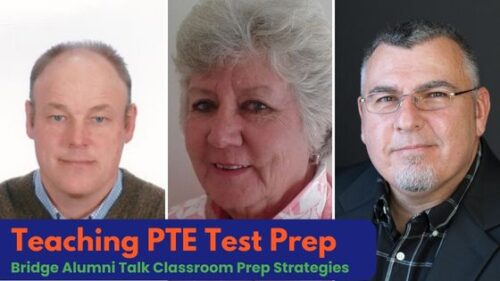 portraits of three Bridge alumni who teach PTE test prep.