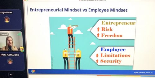 a screenshot of Bridge's Anna Hearrell giving her presentation on teacherpreneurship. The slide shows "Entrepreneurial Mindset vs. Employee Mindset."