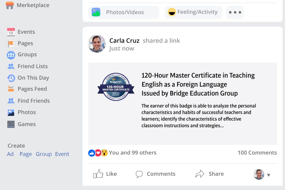 An image of what a digital badge from Bridge looks like on Facebook