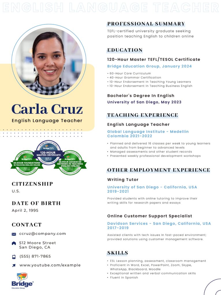 An image showing a sample online English teacher resume