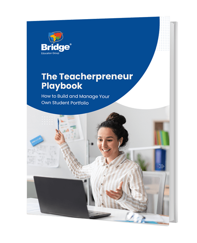 An image of the cover of the Teacherpreneur Playbook eBook with the text The Teacherpreneur Playbook How to Build and Manage Your Own Student Portfolio with an image of an English teacher teaching English online, pointing to a whiteboard