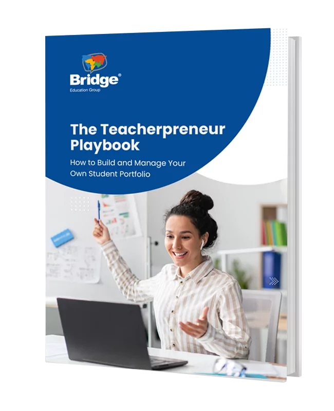 An image of the cover of the Teacherpreneur Playbook eBook with the text The Teacherpreneur Playbook How to Build and Manage Your Own Student Portfolio with an image of an English teacher teaching English online, pointing to a whiteboard