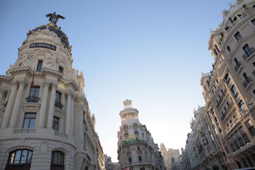 Madrid showing perspective of tall buildings with detailed architecture.