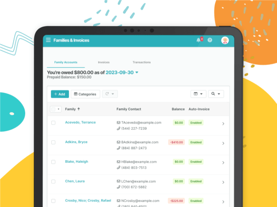TutorBird's Families & Invoices screen on a tablet.