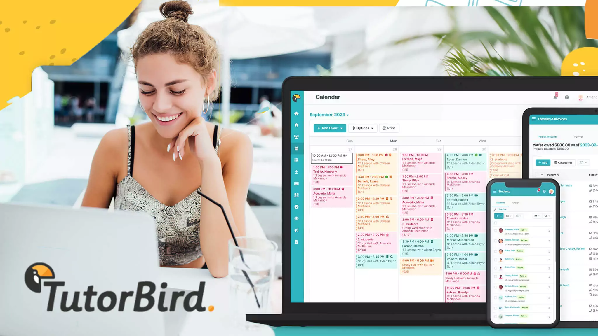 woman looking at her laptop with screens of a laptop, tablet, and smartphone facing out showing TutorBird webpages.
