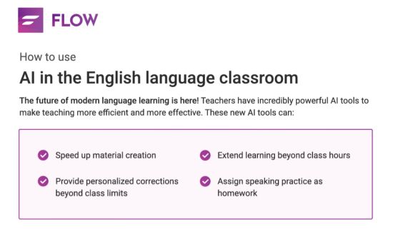 a screenshot of ways to use AI in the English classroom by Flow Speak