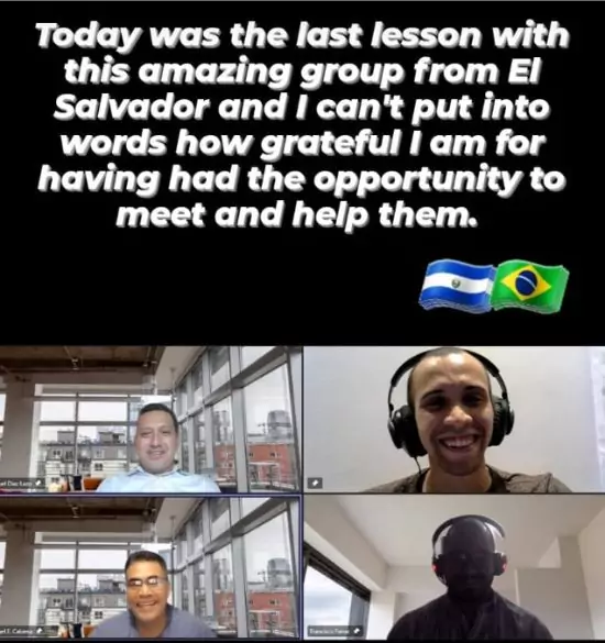 Bridge alum, Matheus, teaching a group of English learners online