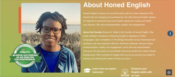 Simone displaying her digital badge on the Honed English website