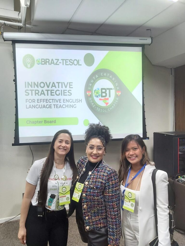 Tamira Gama with Isadora Costa of BRAZ-TESOL (left) and Bridge Program Advisor Krzl Nuñes