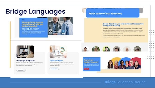 A screenshot of a slide from the annual Bridge tutor professional development seminar showing images from Bridge Corporate Languages website