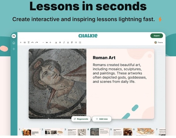 A screenshot of Chalkie's homepage showing an example of lesson slides is can create in seconds