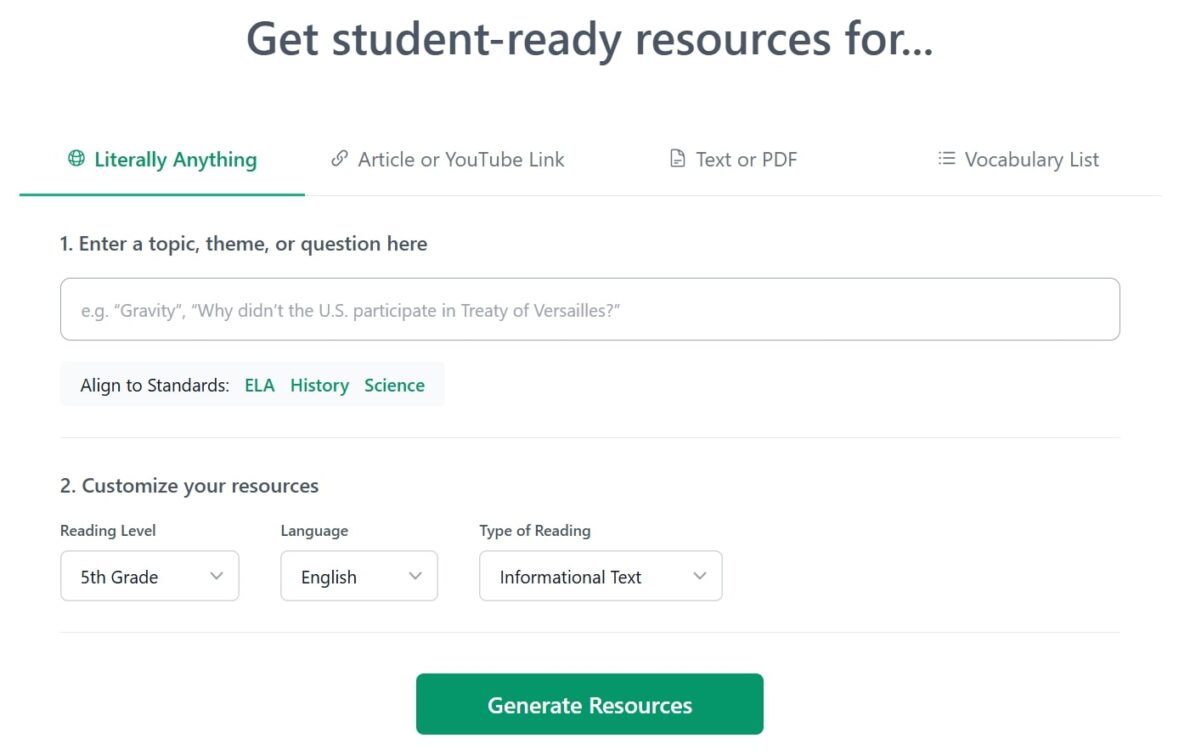 A screenshot of Diffit's tools for creating differentiated resources