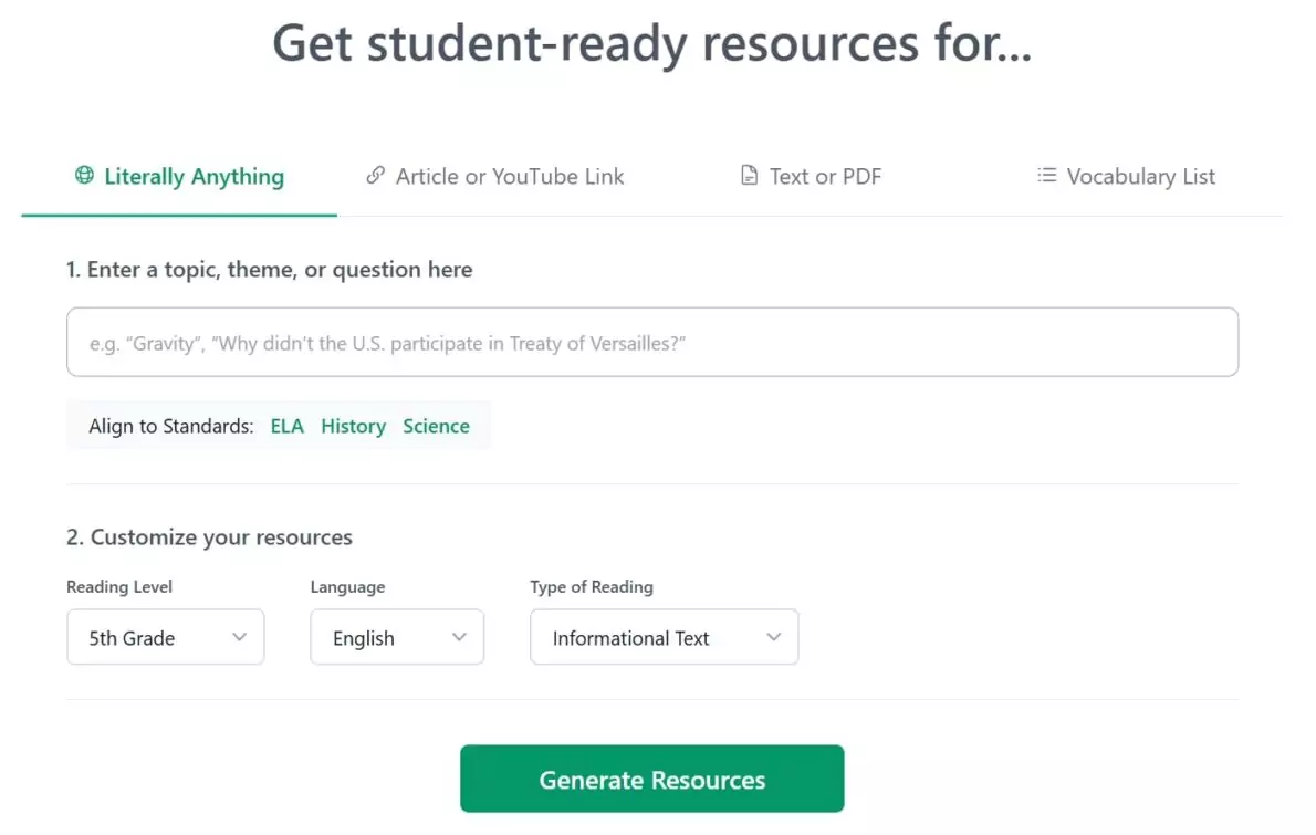 A screenshot of Diffit's tools for creating differentiated resources
