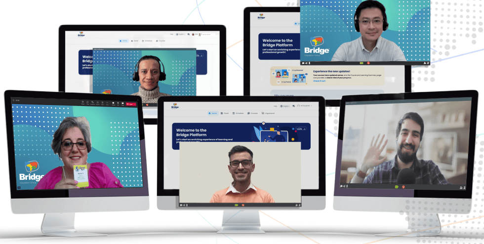 Colaboradores de Bridge participando en videollamadas desde diferentes ubicaciones para interactuar en la plataforma.