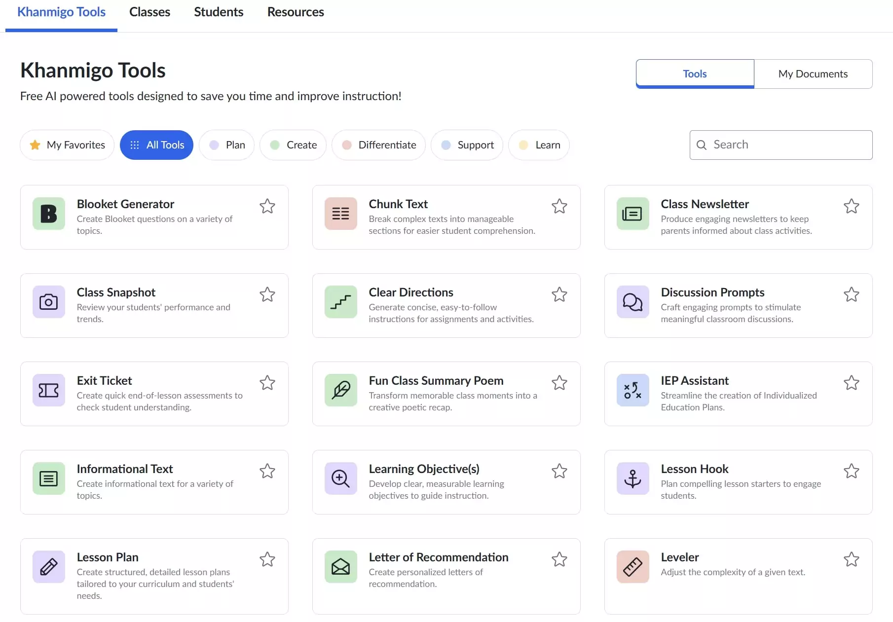 A screenshot showing all of Khanmigo's AI-powered tools