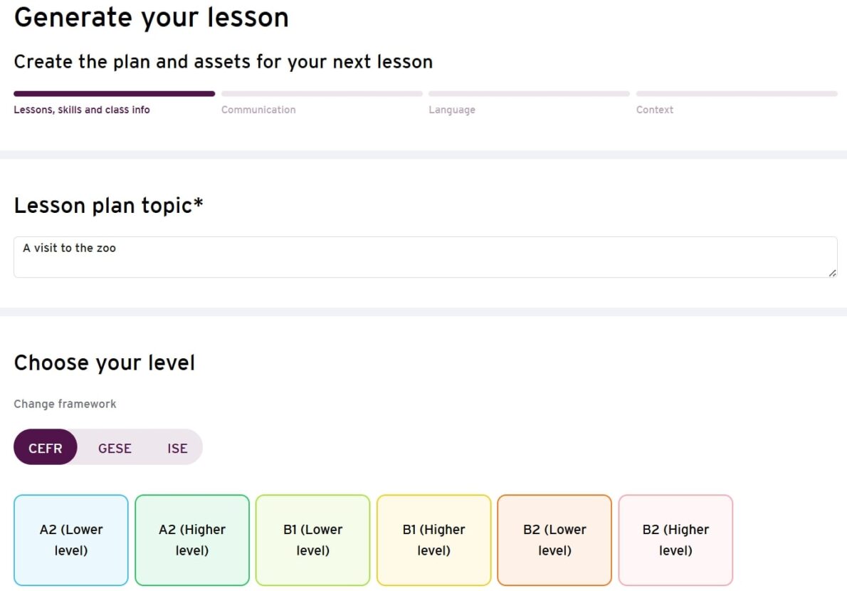 A screenshot showing Notelab English's AI-powered lesson plan generator