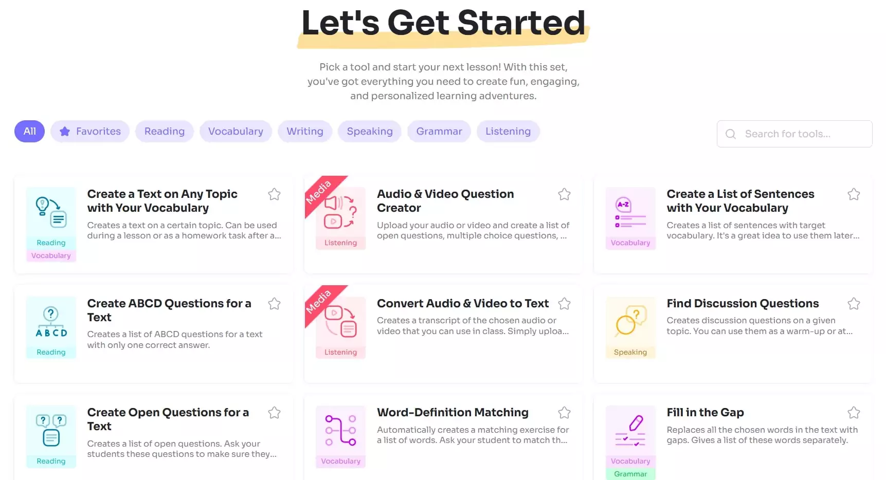 A screenshot from Twee's website showing all the various AI tools they offer