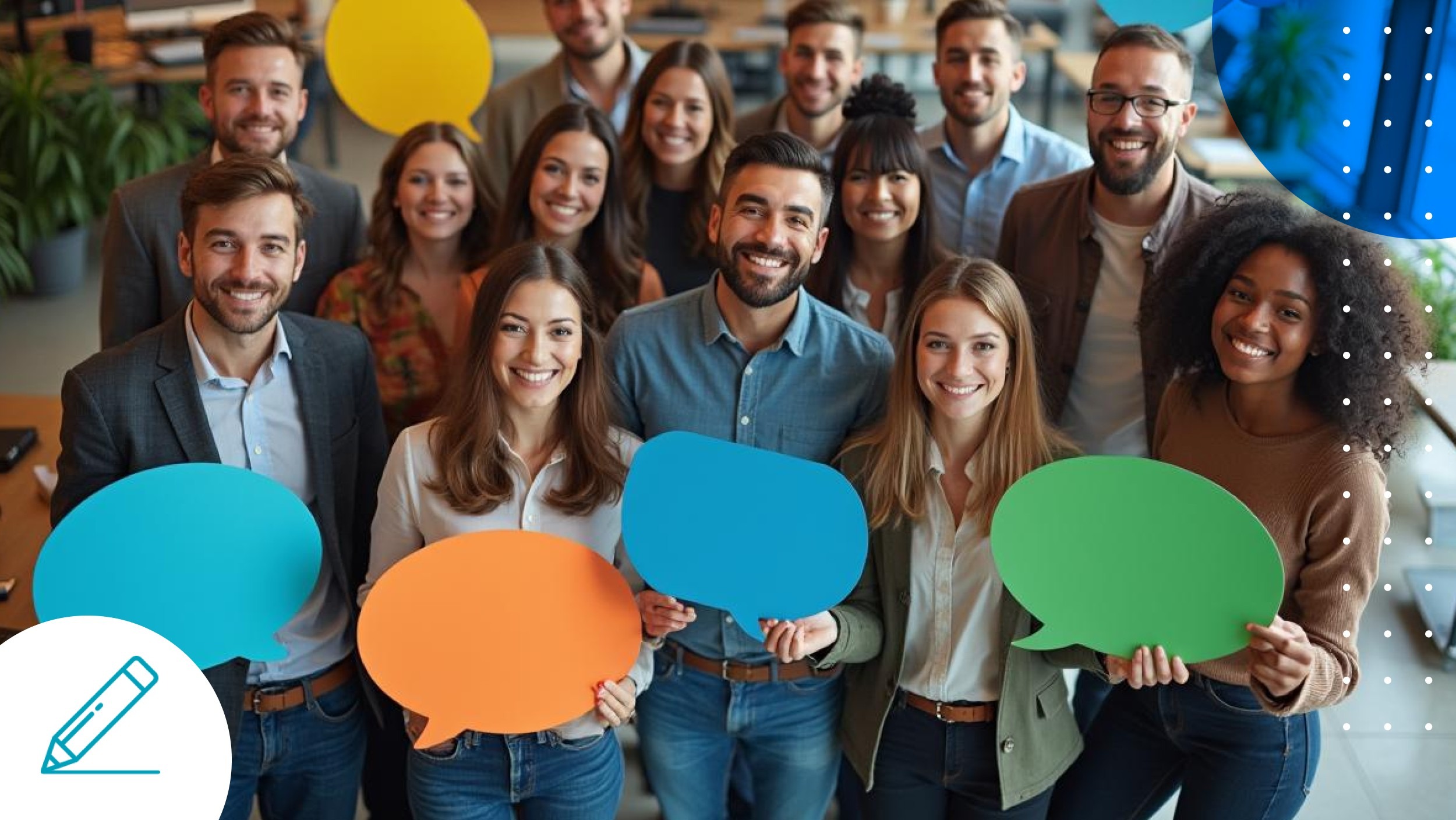 Grupo diverso de profesionales sosteniendo globos de diálogo de colores, representando comunicación y trabajo en equipo en un entorno multilingüe.