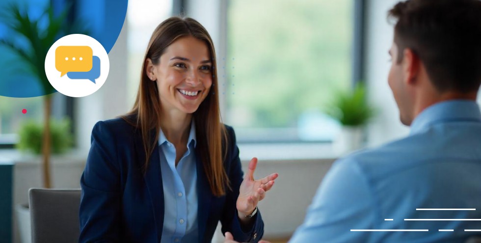 Mujer profesional sonriendo y conversando con un colega en una reunión de negocios, representando comunicación efectiva y confianza en el entorno laboral.