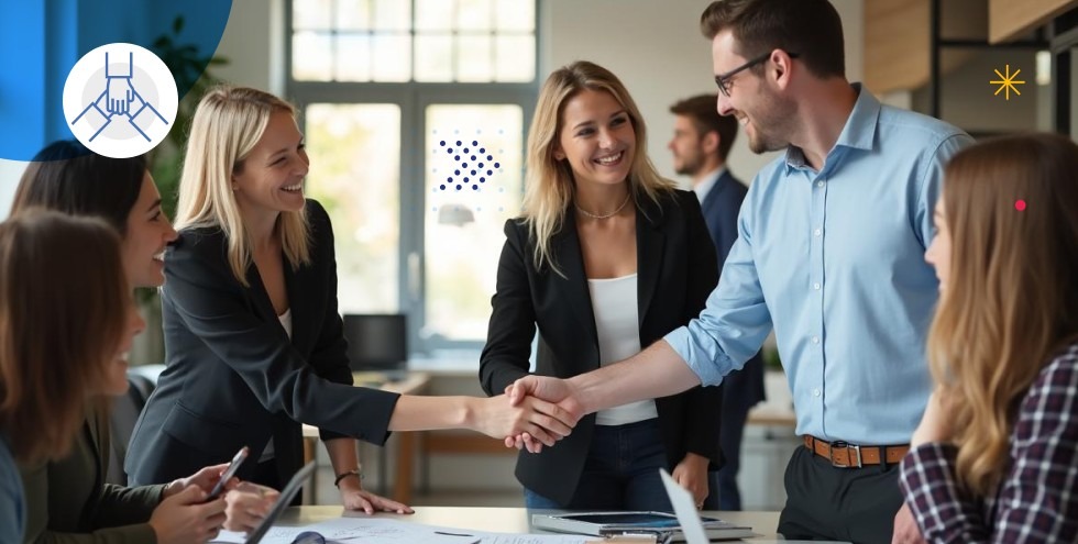 Profesionales en una oficina estrechando manos y sonriendo, representando la colaboración y la integración en equipos multiculturales y multilingües.