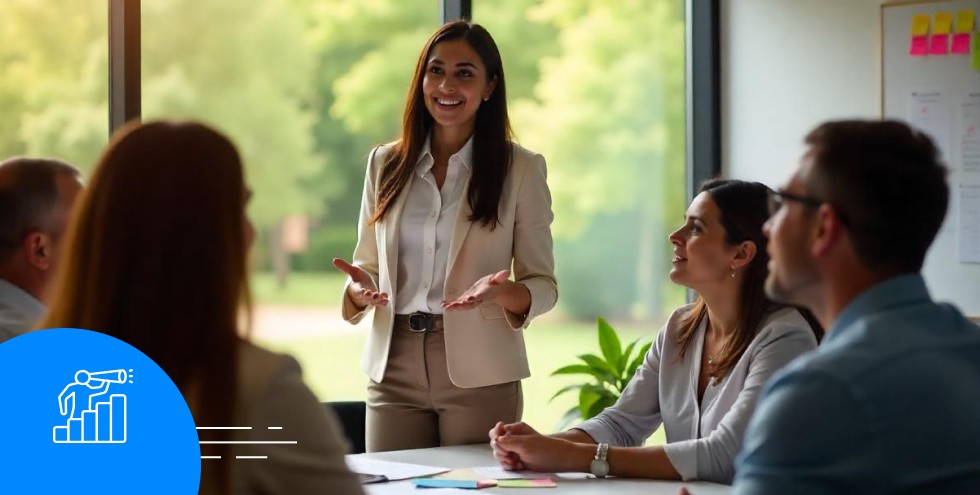 Professional woman leading a meeting in a conference room with an attentive team, representing leadership and effective communication in the corporate environment.