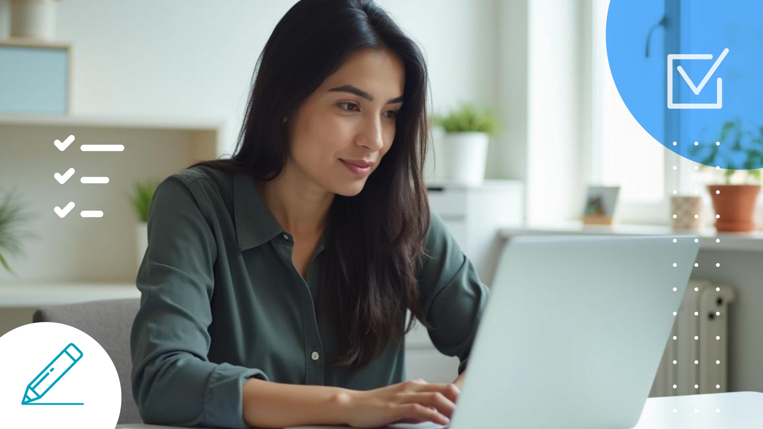 Woman working on a laptop, focused on completing tasks in a well-lit home office.