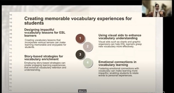 A screenshot of Fatmah Azan's talk showing a slide about creating memorable vocabulary experiences for students