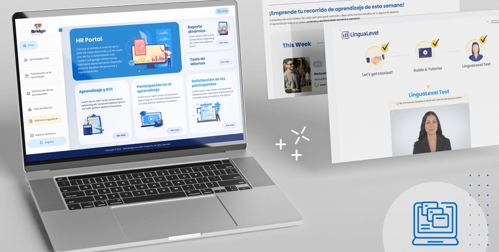 Laptop displaying Bridge’s HR Portal with options for dynamic reports, language tests, and learning ROI insights.