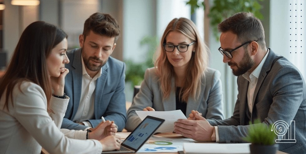 A business team in a meeting analyzing documents and graphs in a modern, naturally lit office.