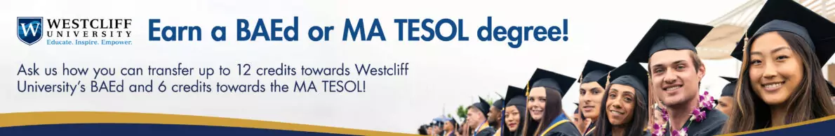 A banner ad for Westcliff University's MA TESOL and BAEd degrees