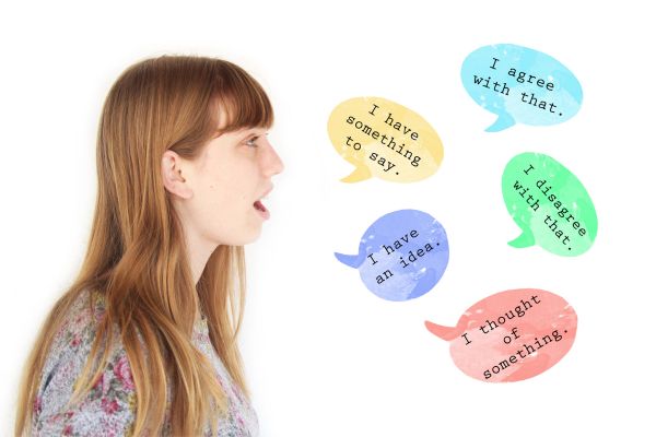Image of a woman speaking with multicolored speech bubbles in front of her displaying phrases like “I agree with that,” “I have something to say,” and “I have an idea.”