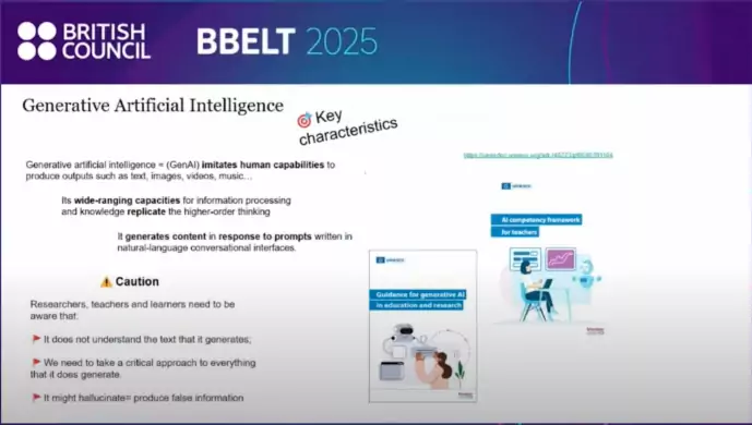 A screenshot showing AI characteristics from Raquel Ribeiro's session at BBELT 2025