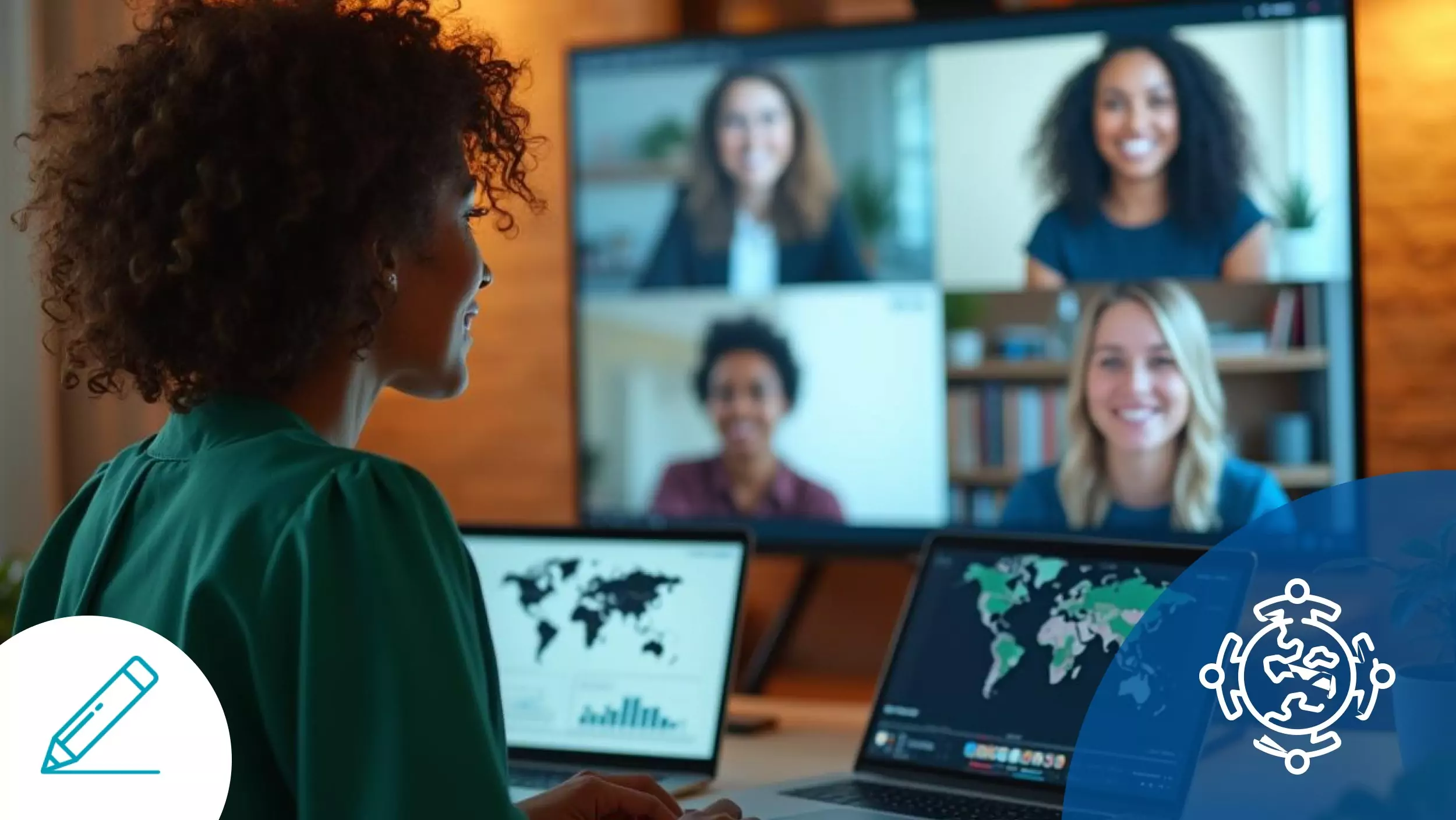 Woman participating in a video call with a multicultural team, surrounded by screens displaying maps and global data.