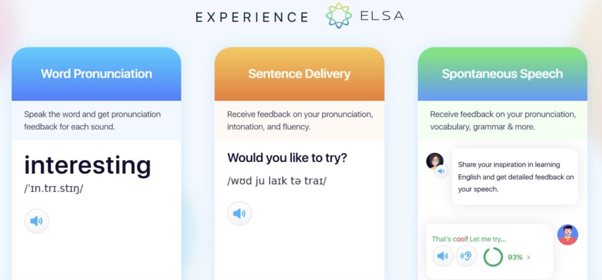 Screenshot from ELSA Speak showing the text "Experience ELSA" and three feature boxes: word pronunciation, sentence delivery, and spontaneous speech.