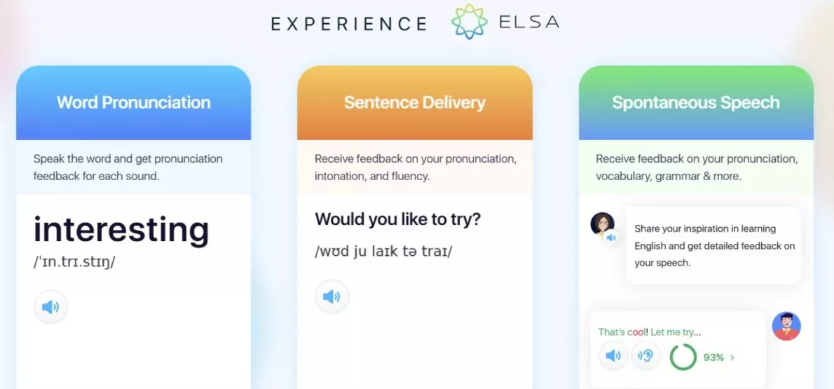 Screenshot from ELSA Speak showing the text "Experience ELSA" and three feature boxes: word pronunciation, sentence delivery, and spontaneous speech.