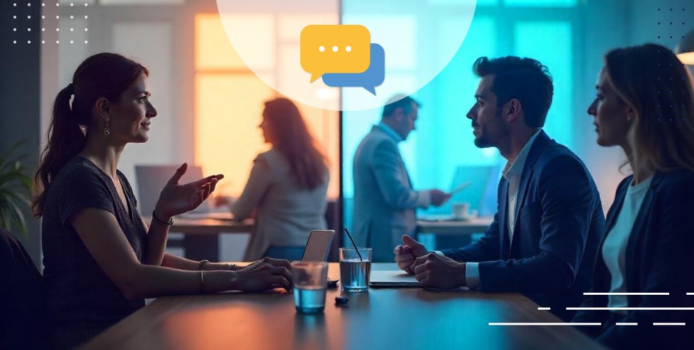 Tres profesionales dialogando en una sala de reuniones moderna, con otros colegas conversando al fondo.