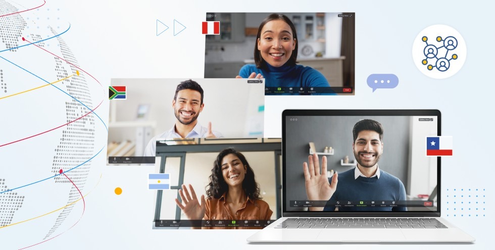 Profesionales de distintos países saludando a través de videollamada en una reunión virtual global.